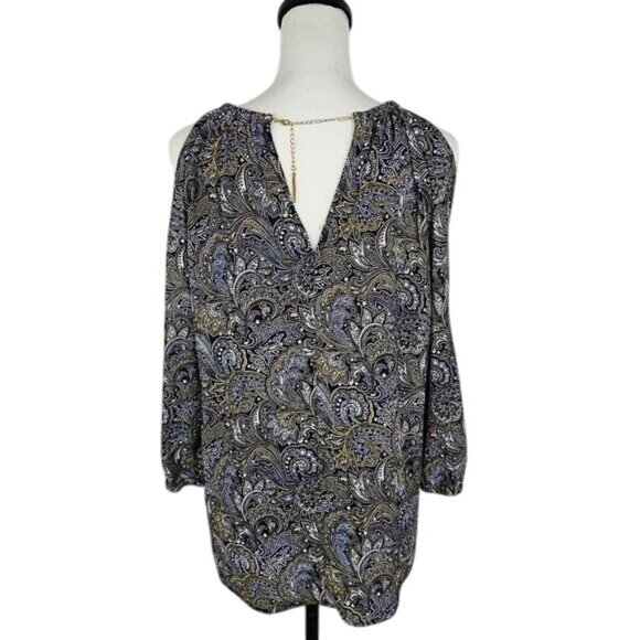 Michael Kors Navy Paisley Blouse Sz M 3/4 Sleeve Gold Chain Boho Flowy Relaxed - Picture 6 of 8